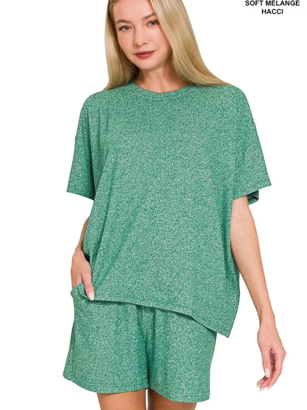 Zenana Outfitters Soft Green Melange Relaxed Short Sleeve Tee - Picture 1 of 3